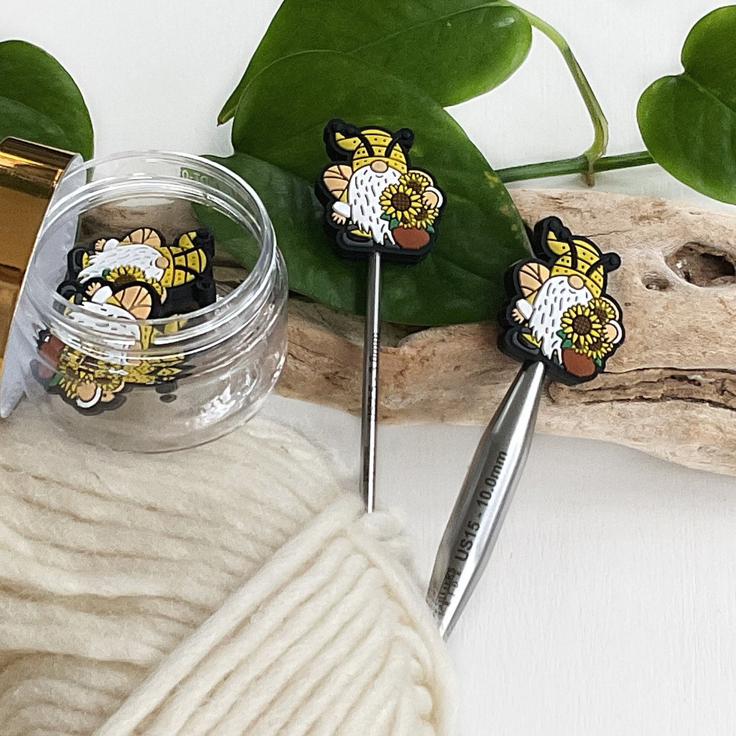HONEYBEE GNOMES + SUNFLOWERS, set of 2 knitting needle stitch stoppers, crochet hook accessories, Fun for Knitters and crocheters, Bee elf