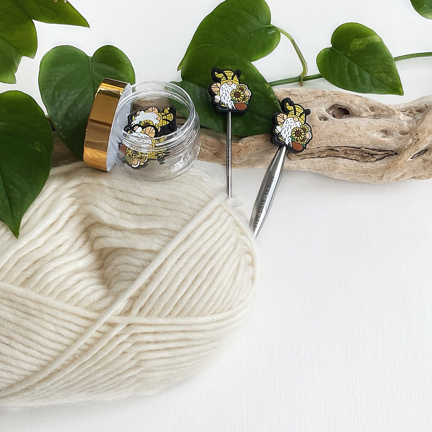 HONEYBEE GNOMES + SUNFLOWERS, set of 2 knitting needle stitch stoppers, crochet hook accessories, Fun for Knitters and crocheters, Bee elf