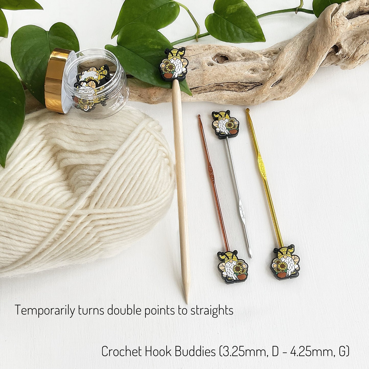 HONEYBEE GNOMES + SUNFLOWERS, set of 2 knitting needle stitch stoppers, crochet hook accessories, Fun for Knitters and crocheters, Bee elf