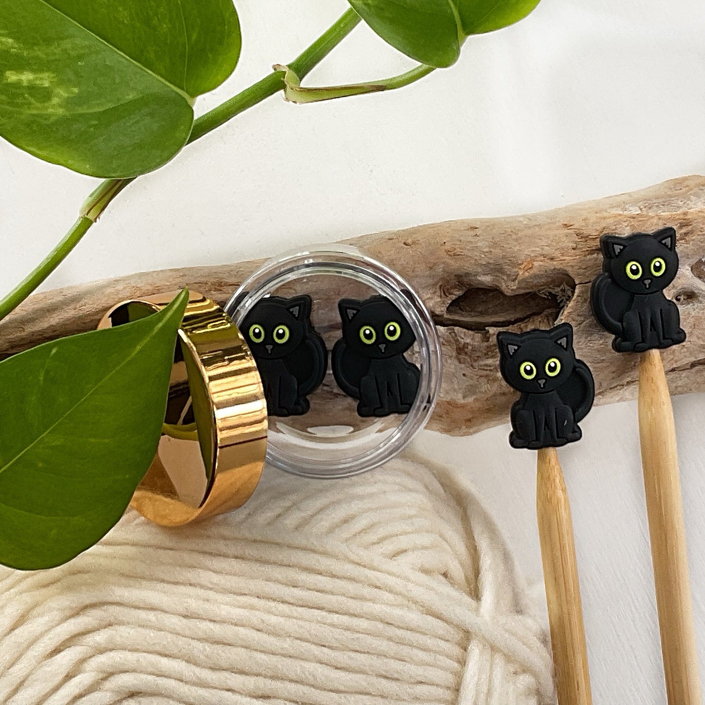 STITCH STOPPERS + MARKERS Set, 2 Green eyed Black Cat Stoppers + 5 fixed and removable markers +  storage jar, Knit & Crochet