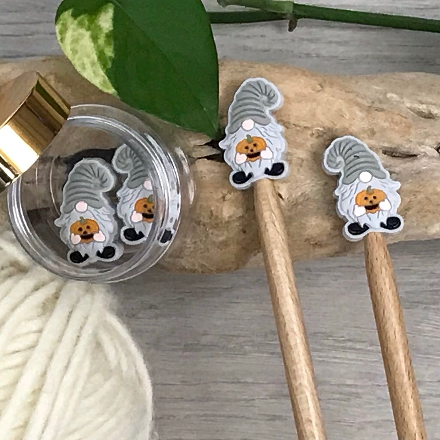 AUTUMN PUMPKIN GNOME, set of 2 knitting needle stitch stoppers / crochet hook accessory, For knitter + crocheter, Grey elf + Jack-o-lantern