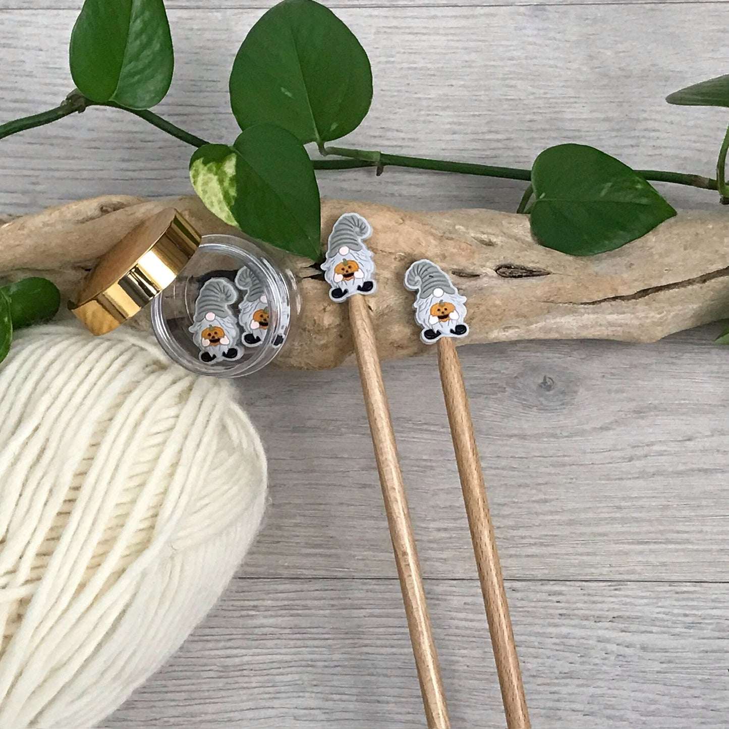 AUTUMN PUMPKIN GNOME, set of 2 knitting needle stitch stoppers / crochet hook accessory, For knitter + crocheter, Grey elf + Jack-o-lantern
