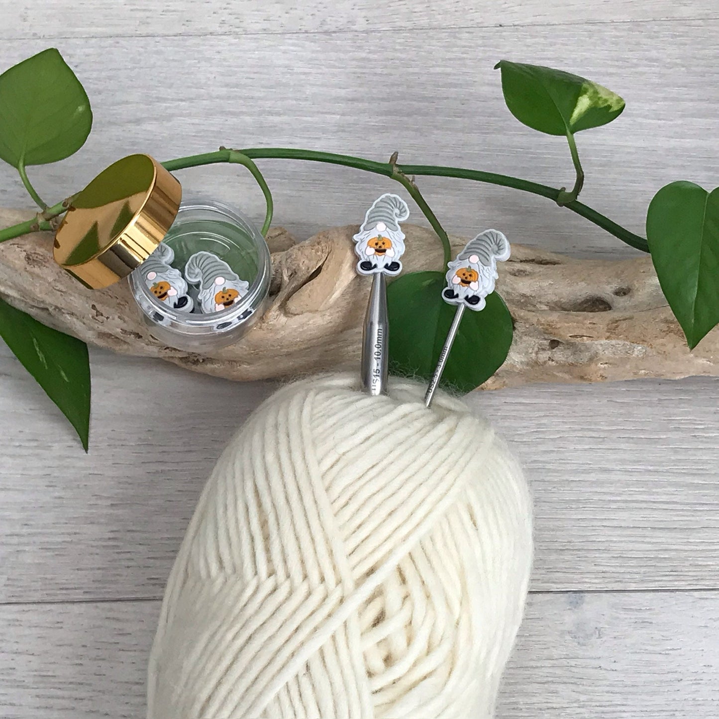 AUTUMN PUMPKIN GNOME, set of 2 knitting needle stitch stoppers / crochet hook accessory, For knitter + crocheter, Grey elf + Jack-o-lantern