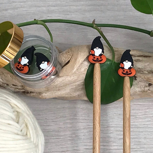 WITCH PUMPKIN GNOME, set of 2 knitting needle stitch stoppers / crochet hook accessory, For knitter + crocheter, Autumn elf + Jack-o-lantern