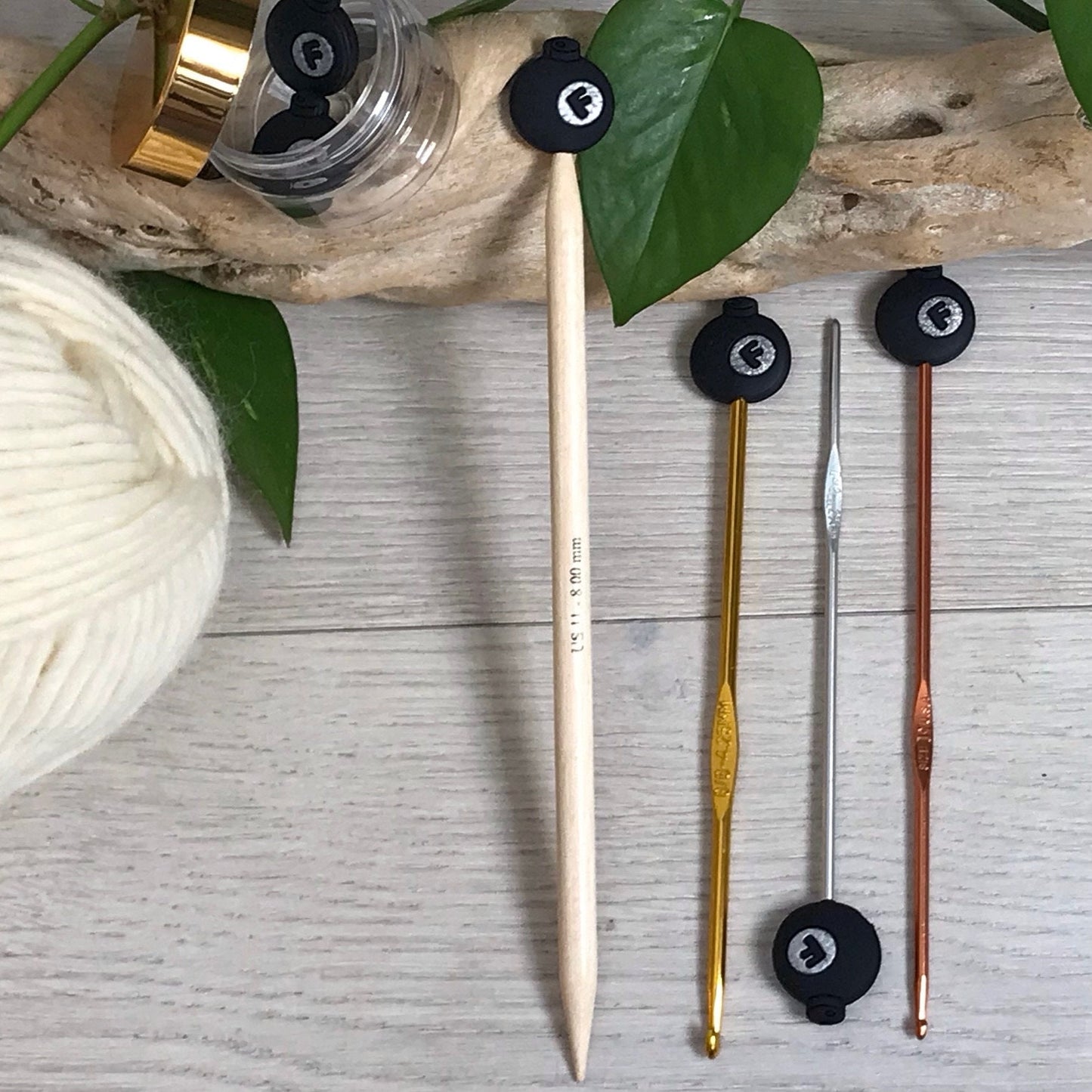 DONT DROP THE F Bomb, set of 2 funny knitting needle stitch stoppers/ crochet hook accessory, For knitter + crocheter, pun loving knitter