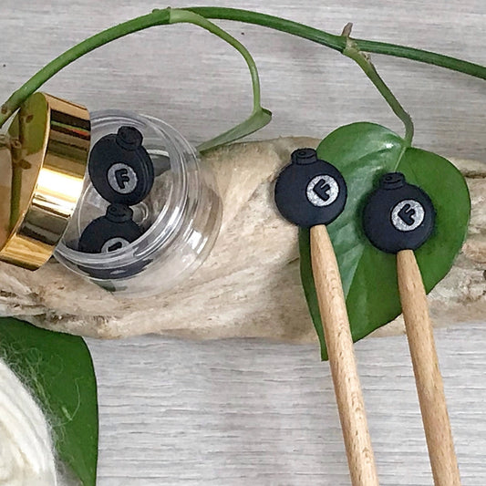 DONT DROP THE F Bomb, set of 2 funny knitting needle stitch stoppers/ crochet hook accessory, For knitter + crocheter, pun loving knitter