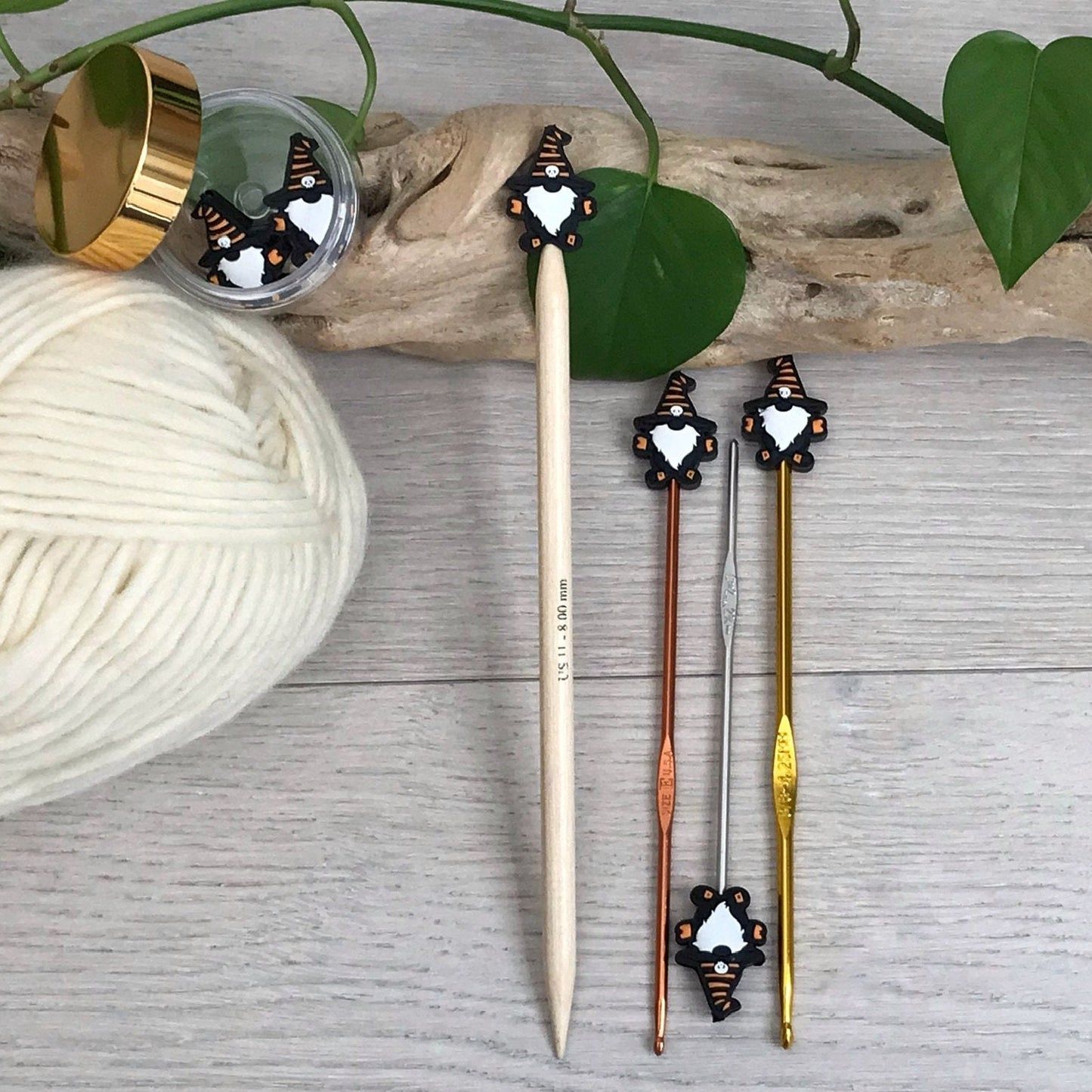 HALLOWEEN SKULL GNOME, set of 2 knitting needle stitch stoppers/ crochet hook accessory, For knitter + crocheter, Scary Gnome