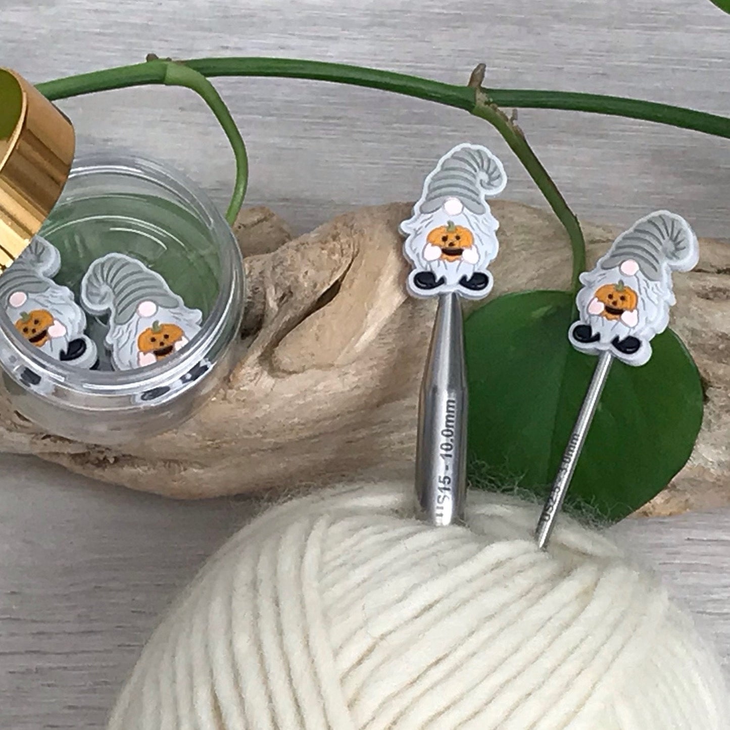 AUTUMN PUMPKIN GNOME, set of 2 knitting needle stitch stoppers / crochet hook accessory, For knitter + crocheter, Grey elf + Jack-o-lantern