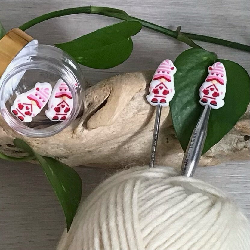 HEALTHY HEART GNOME, set of 2 knitting needle stitch stoppers/ crochet hook accessory, For knitter + crocheter, Love Womens Healthy Heart