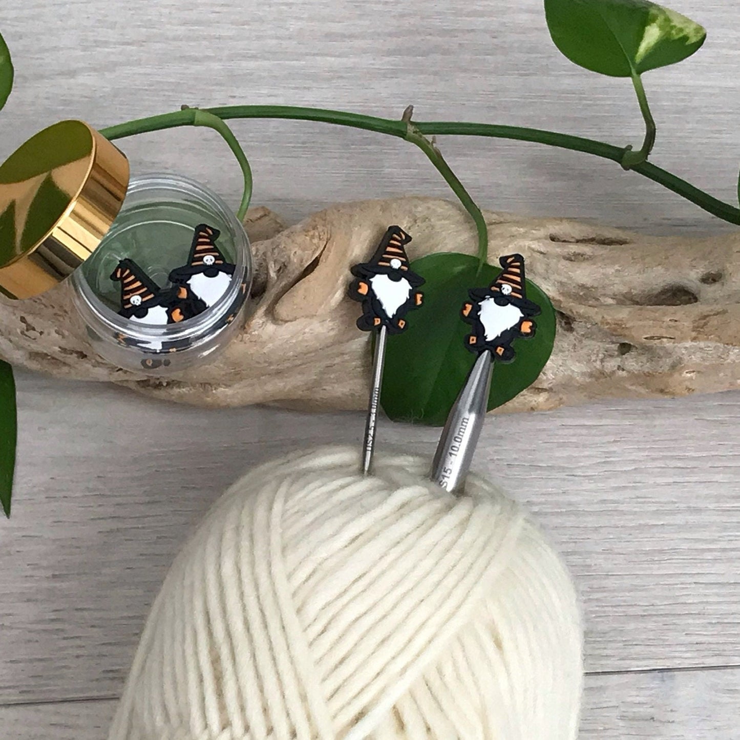 HALLOWEEN SKULL GNOME, set of 2 knitting needle stitch stoppers/ crochet hook accessory, For knitter + crocheter, Scary Gnome