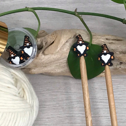 HALLOWEEN SKULL GNOME, set of 2 knitting needle stitch stoppers/ crochet hook accessory, For knitter + crocheter, Scary Gnome