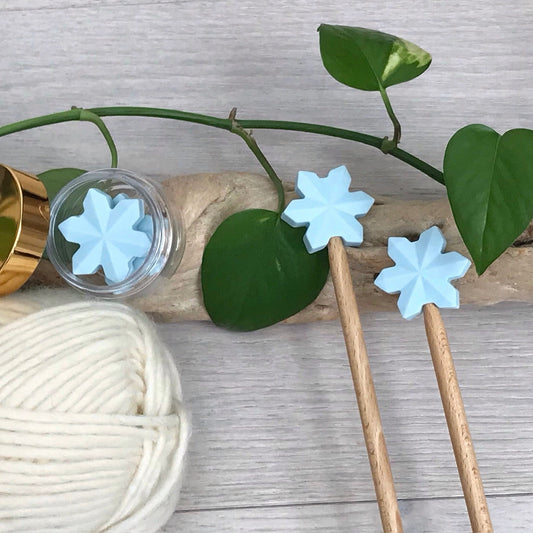 LET IT SNOW! Snow White,  Ice Blue Set of 2 knitting needle stitch stoppers / crochet hook accessory, For knitter + crocheter, Winter Wonder