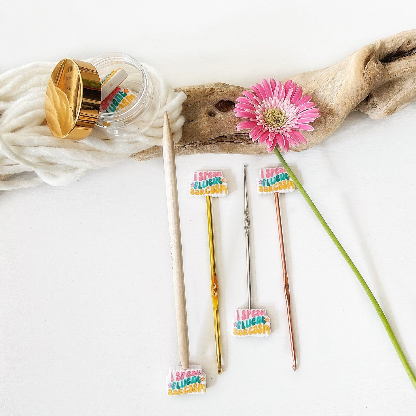 I SPEAK FLUENT SARCASM Stitch Stoppers, Multicolored Fun Pun 4 any time of the year, Fun gift for Knitters or crocheters, keep stitches safe