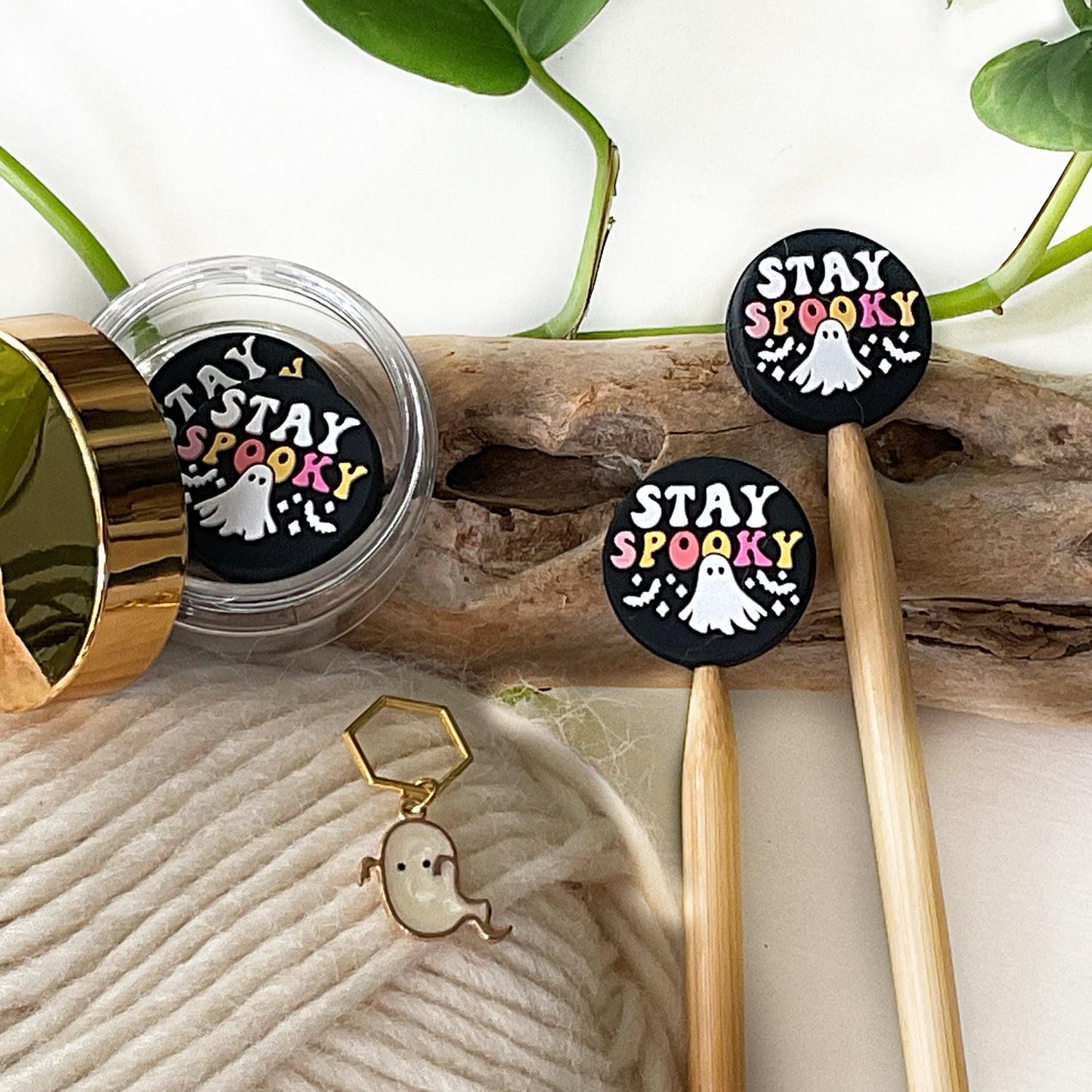 STAY SPOOKY stitch stoppers + GHOST stitch marker, Ghostly Magic for Halloween or any time Fun for Knitters + crocheters, keep stitches safe