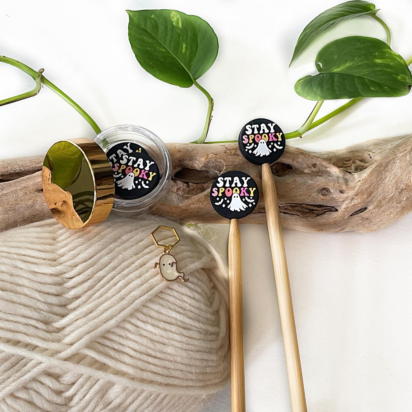 STAY SPOOKY stitch stoppers + GHOST stitch marker, Ghostly Magic for Halloween or any time Fun for Knitters + crocheters, keep stitches safe