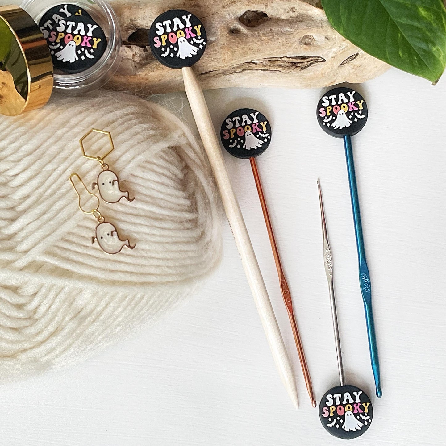 STAY SPOOKY stitch stoppers + GHOST stitch marker, Ghostly Magic for Halloween or any time Fun for Knitters + crocheters, keep stitches safe