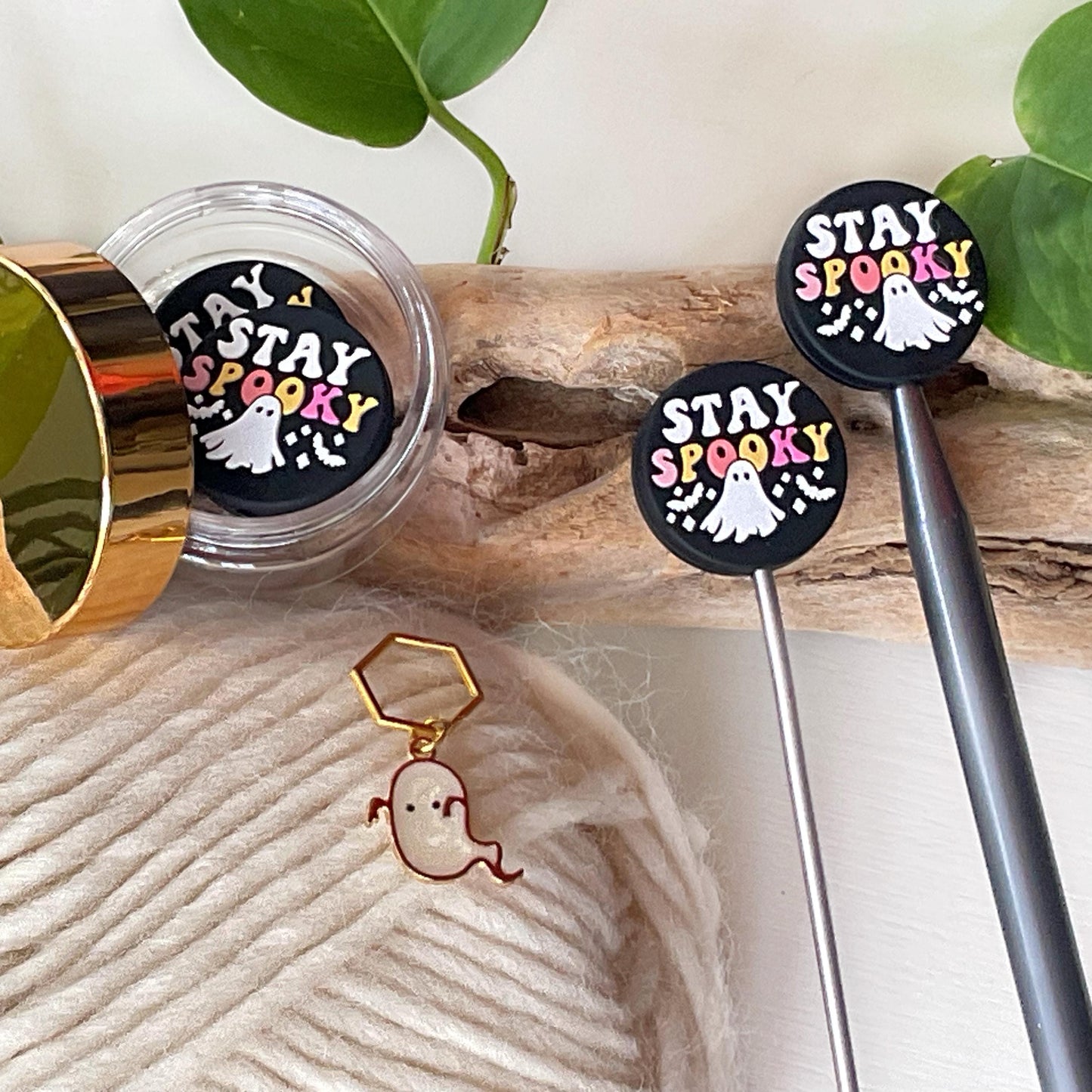 STAY SPOOKY stitch stoppers + GHOST stitch marker, Ghostly Magic for Halloween or any time Fun for Knitters + crocheters, keep stitches safe