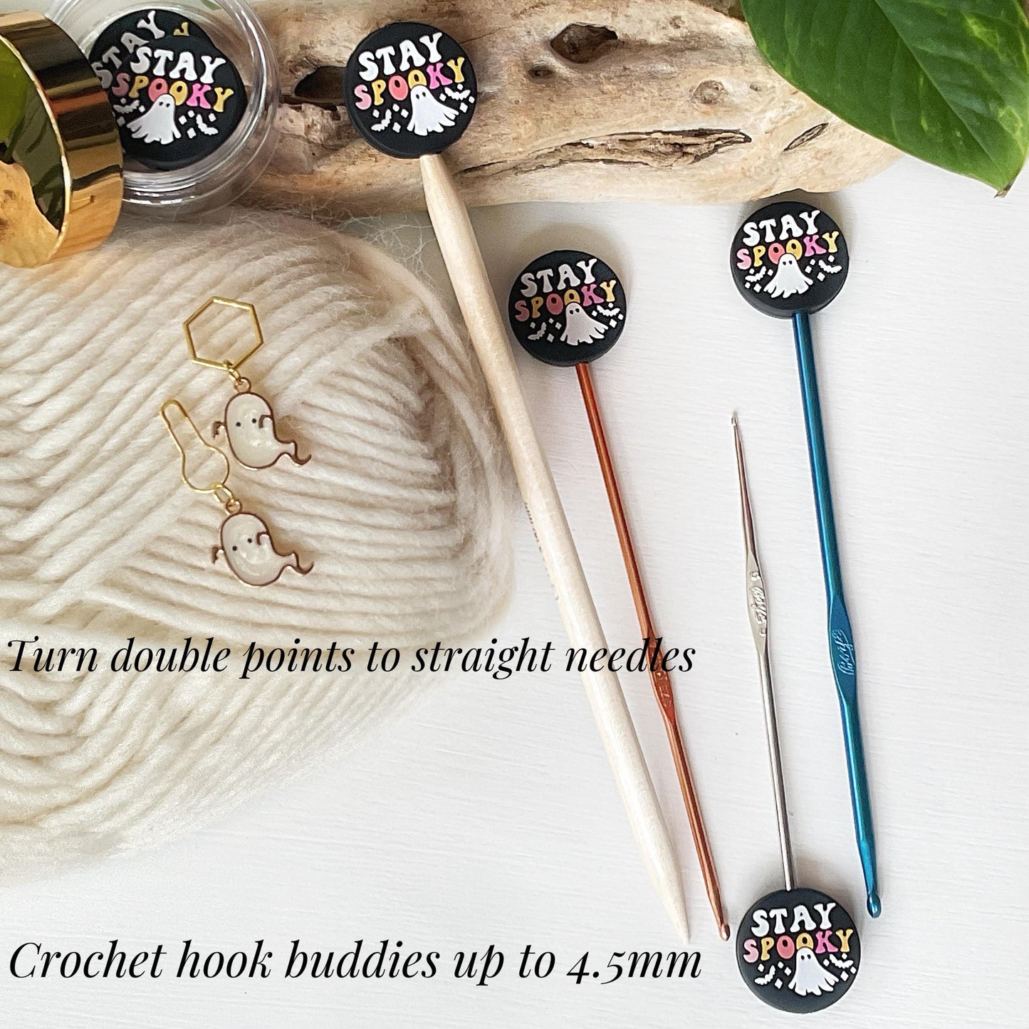 STAY SPOOKY stitch stoppers + GHOST stitch marker, Ghostly Magic for Halloween or any time Fun for Knitters + crocheters, keep stitches safe