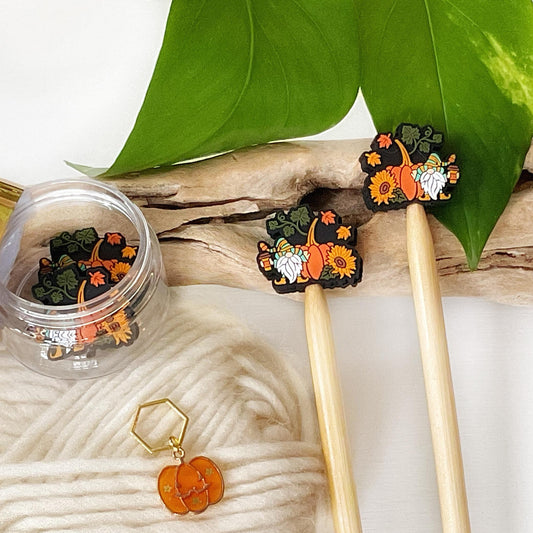 PUMPKIN SPICE GNOME set of 2 stitch stoppers + pumpkin stitch marker, Crochet hook buddies, Autumn loving fun for knitters + crocheters