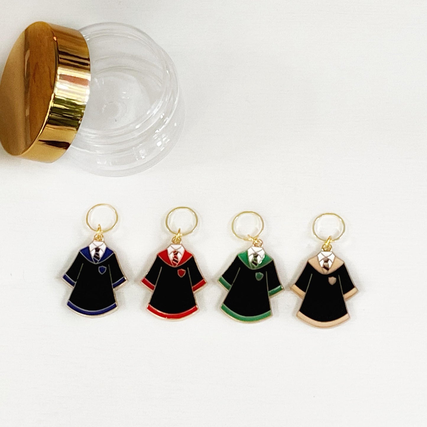 WIZARD + WITCH School ROBES, Set of 4 knit + crochet stitch markers + storage jar, 1 free additional surprise stitch marker
