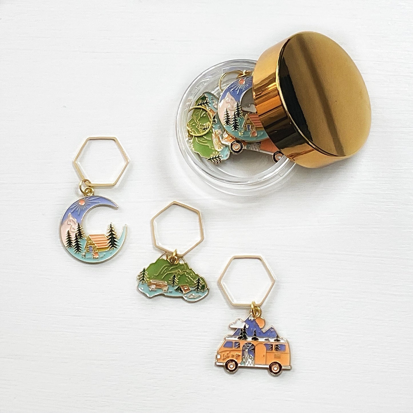 CELEBRATE the OUTDOORS, CAMPING themed set of 3 stitch markers + elegant jar w/ lid for knit + crochet, choose your findings