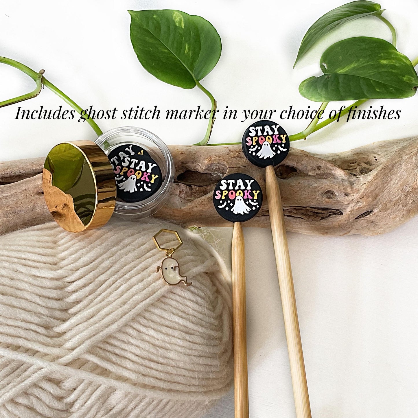 STAY SPOOKY stitch stoppers + GHOST stitch marker, Ghostly Magic for Halloween or any time Fun for Knitters + crocheters, keep stitches safe