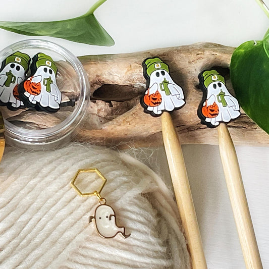 TRICK or TREAT GHOST stitch stoppers + ghost stitch marker, Magic 4 Halloween or any time, Fun for Knitters + crocheters, keep stitches safe