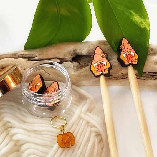 PUMPKIN HUGGING GNOME set of 2 stitch stoppers + pumpkin stitch marker, Crochet hook buddies, Autumn Fun for Knitters + crocheters
