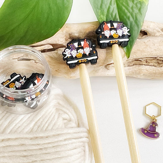 HALLOWEEN GNOME MOBILE set of 2 stitch stoppers + witch hat stitch marker, Crochet hook buddies, Autumn loving fun for knitters + crocheters
