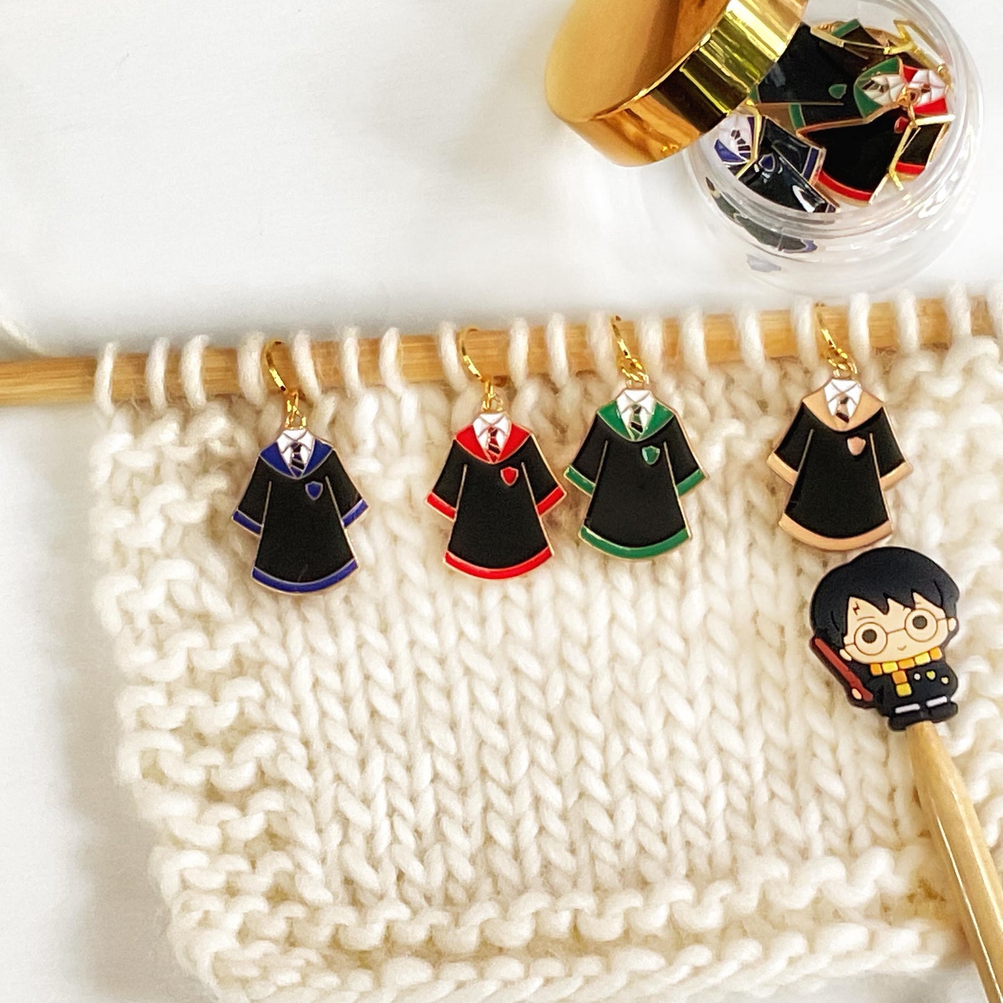 WIZARD + WITCH School ROBES, Set of 4 knit + crochet stitch markers + storage jar, 1 free additional surprise stitch marker