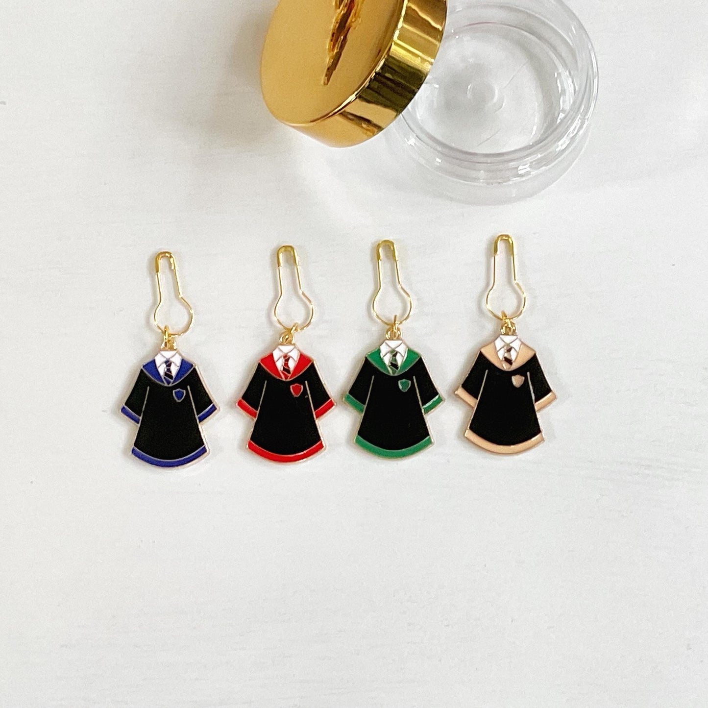 WIZARD + WITCH School ROBES, Set of 4 knit + crochet stitch markers + storage jar, 1 free additional surprise stitch marker