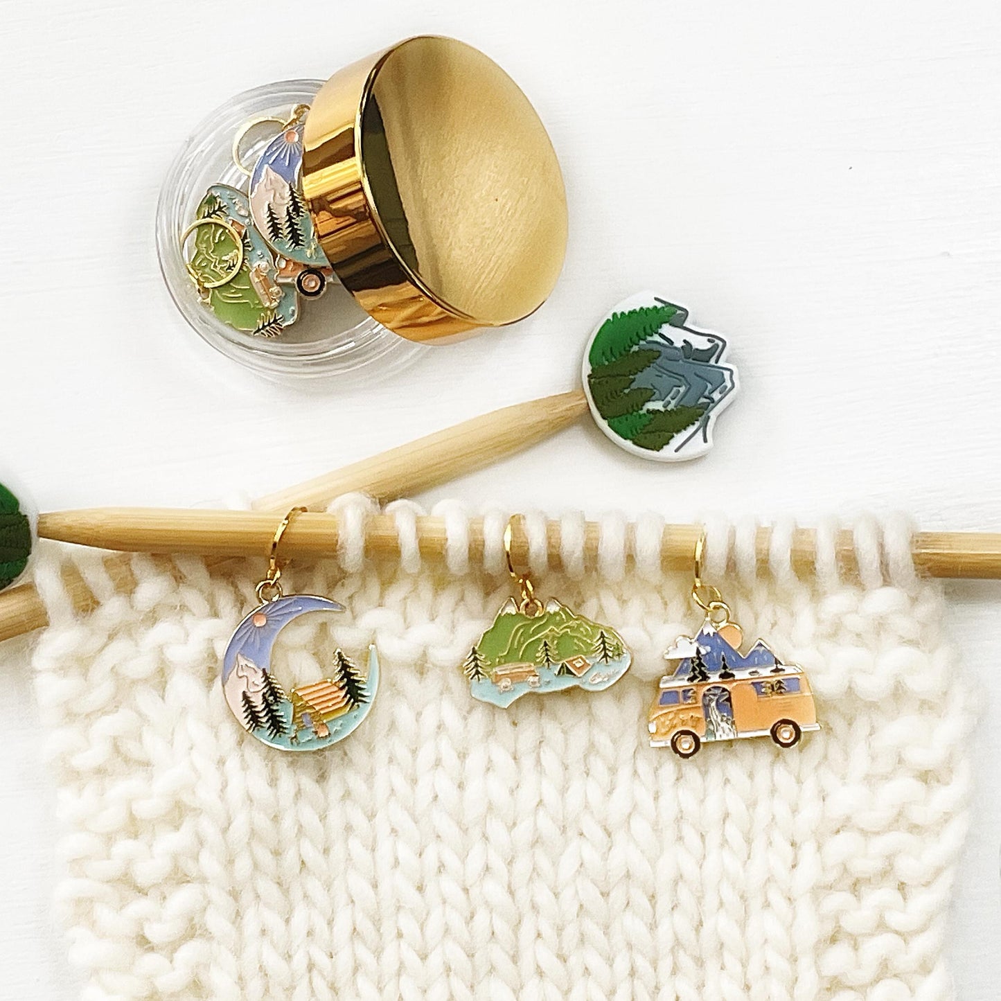 CELEBRATE the OUTDOORS, CAMPING themed set of 3 stitch markers + elegant jar w/ lid for knit + crochet, choose your findings