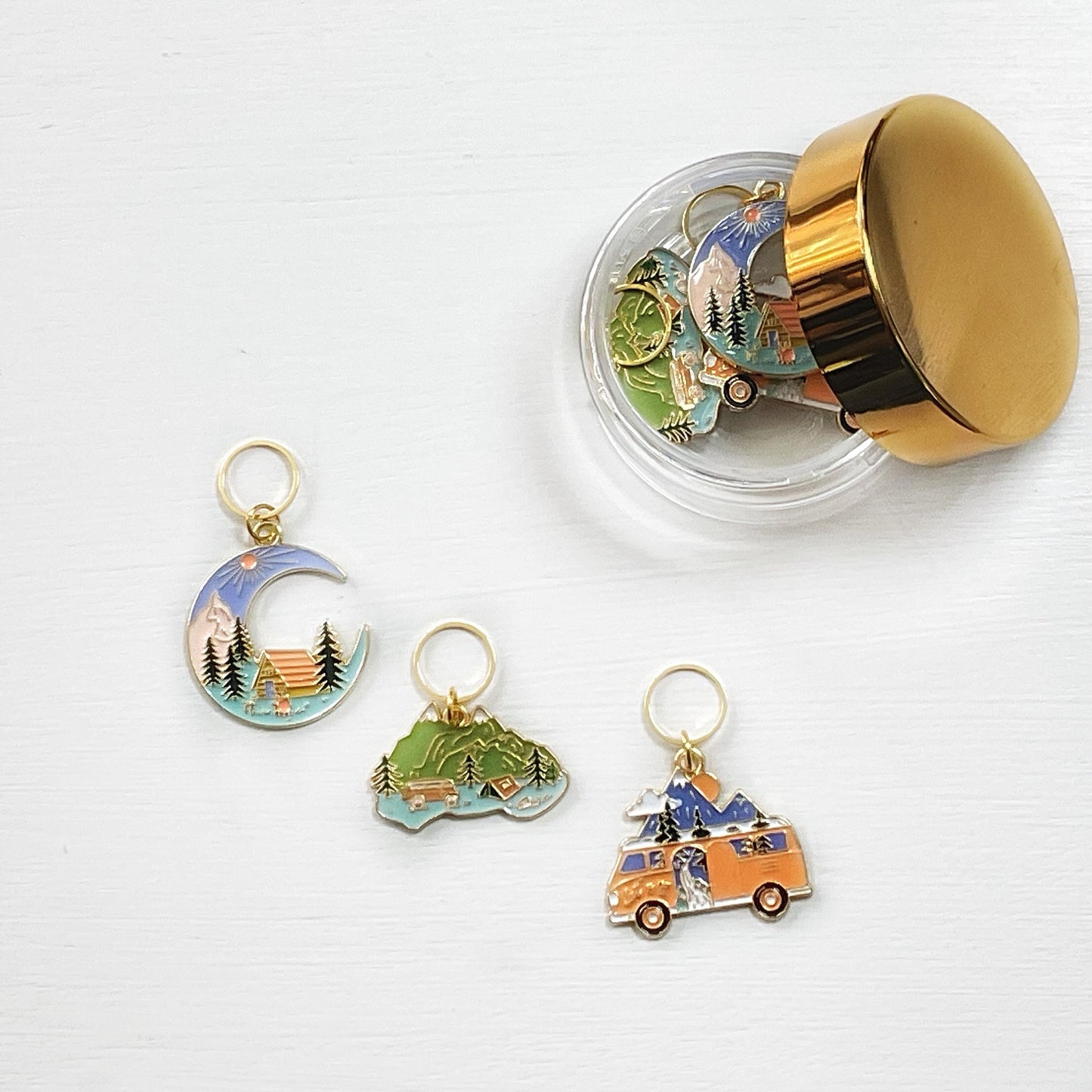 CELEBRATE the OUTDOORS, CAMPING themed set of 3 stitch markers + elegant jar w/ lid for knit + crochet, choose your findings