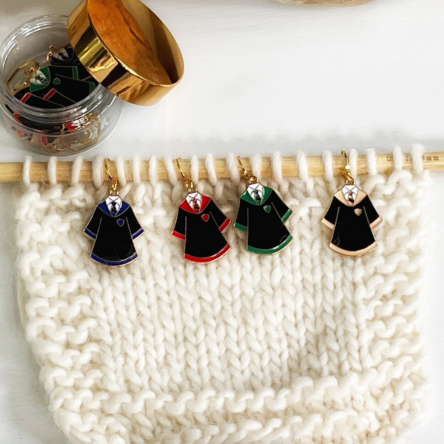 WIZARD + WITCH School ROBES, Set of 4 knit + crochet stitch markers + storage jar, 1 free additional surprise stitch marker