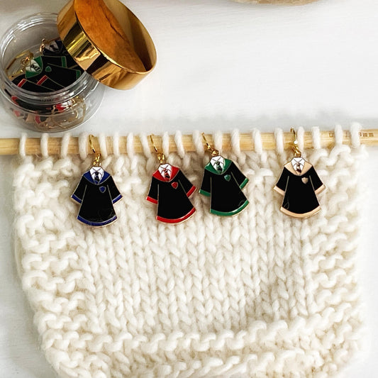 WIZARD + WITCH School ROBES, Set of 4 knit + crochet stitch markers + storage jar, 1 free additional surprise stitch marker