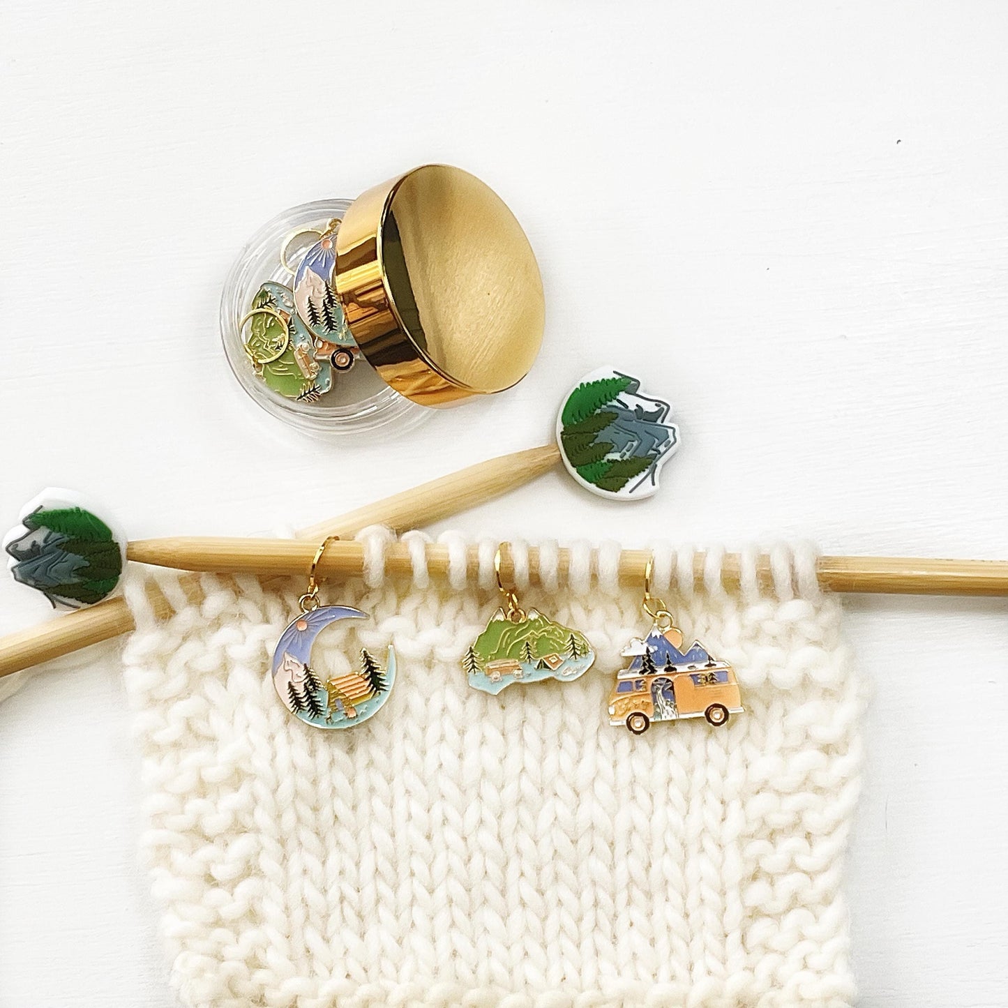 CELEBRATE the OUTDOORS, CAMPING themed set of 3 stitch markers + elegant jar w/ lid for knit + crochet, choose your findings