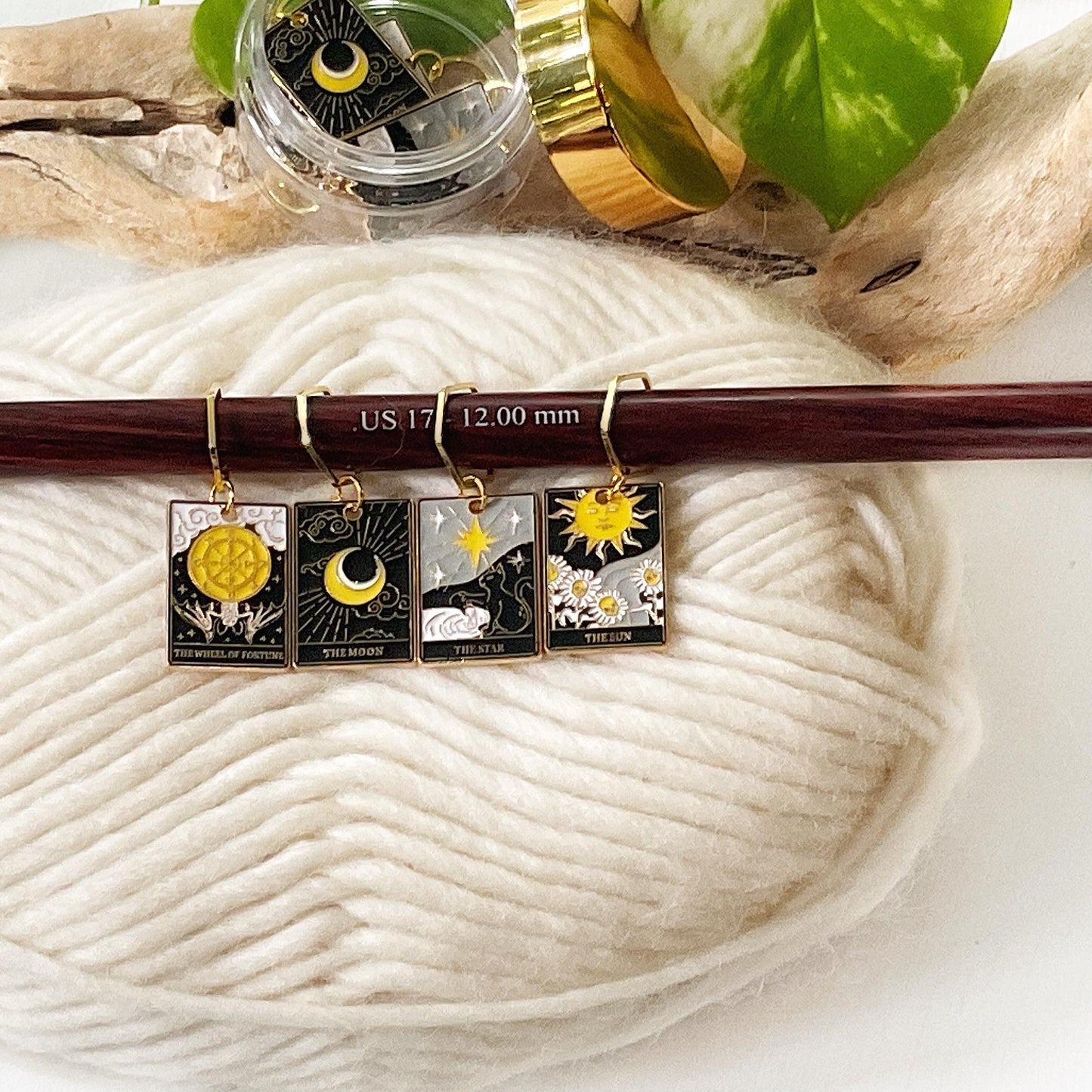 TAROT CARD Set of 4 fixed or removable stitch markers includes storage jar + lid, progress keepers, Moon, Star, Sun, Wheel of Fortune