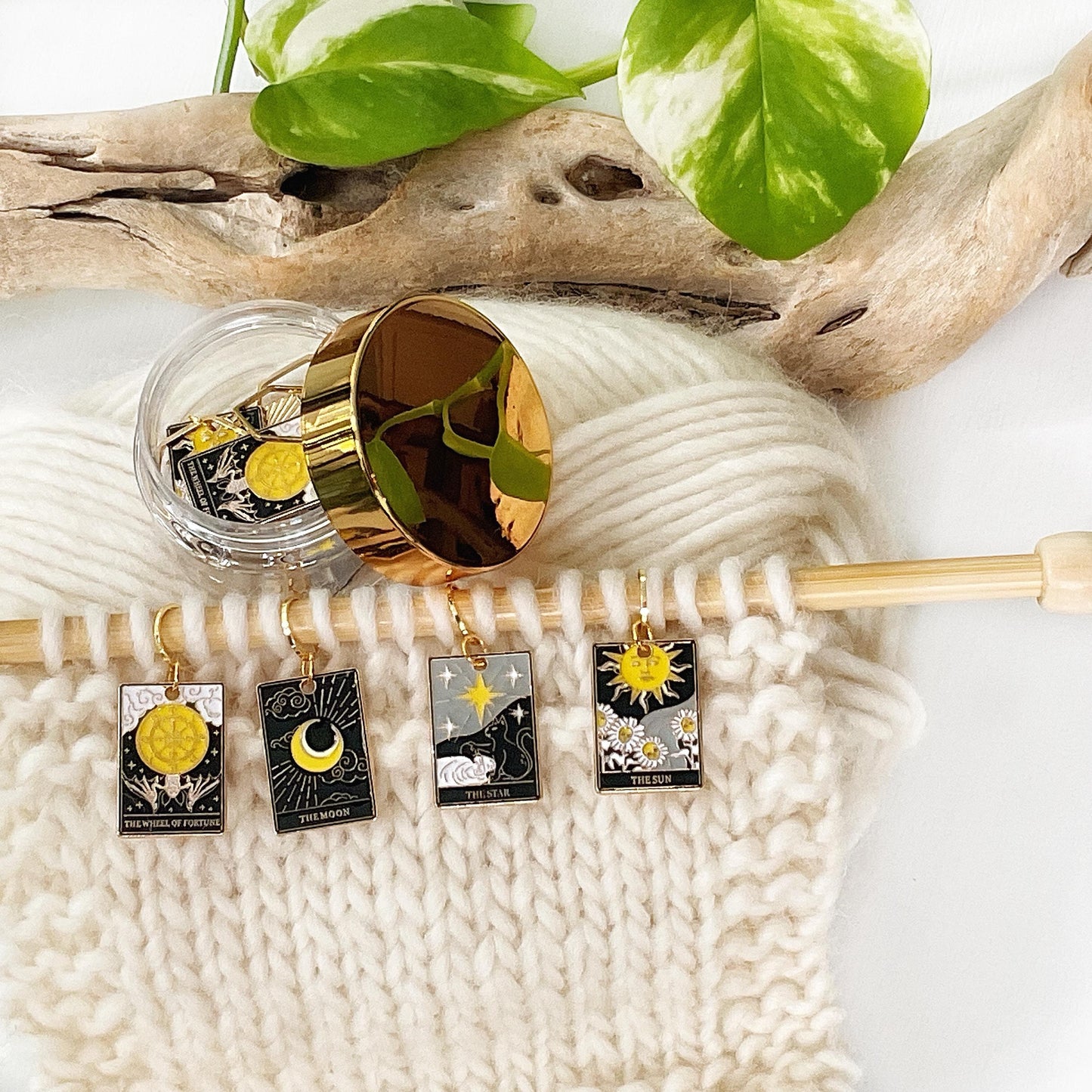 TAROT CARD Set of 4 fixed or removable stitch markers includes storage jar + lid, progress keepers, Moon, Star, Sun, Wheel of Fortune