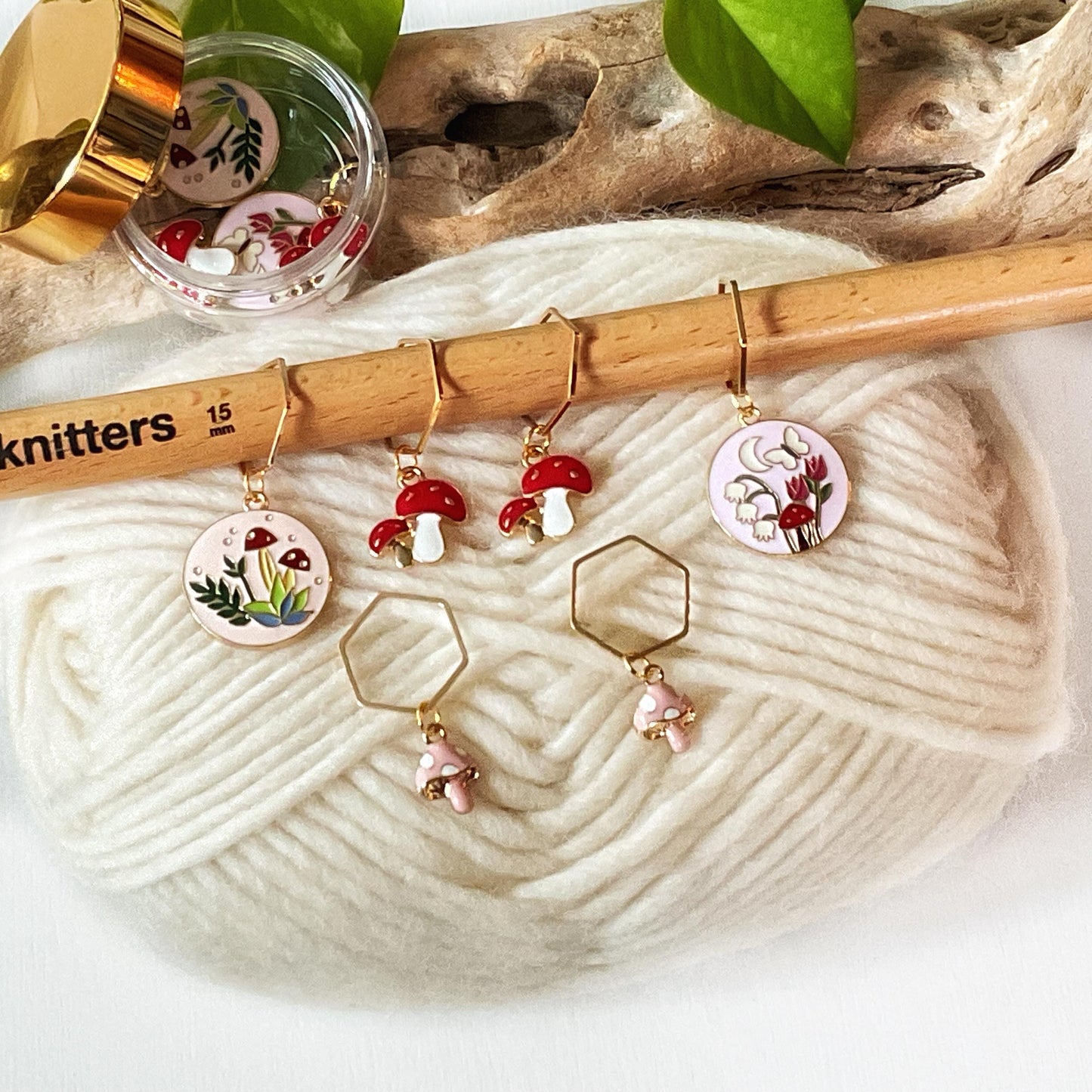 FLORA + FAUNA FOREST set of 4 - 6 knit or crochet stitch markers, flower and mushroom discs, enamel markers + storage jar w/ lid