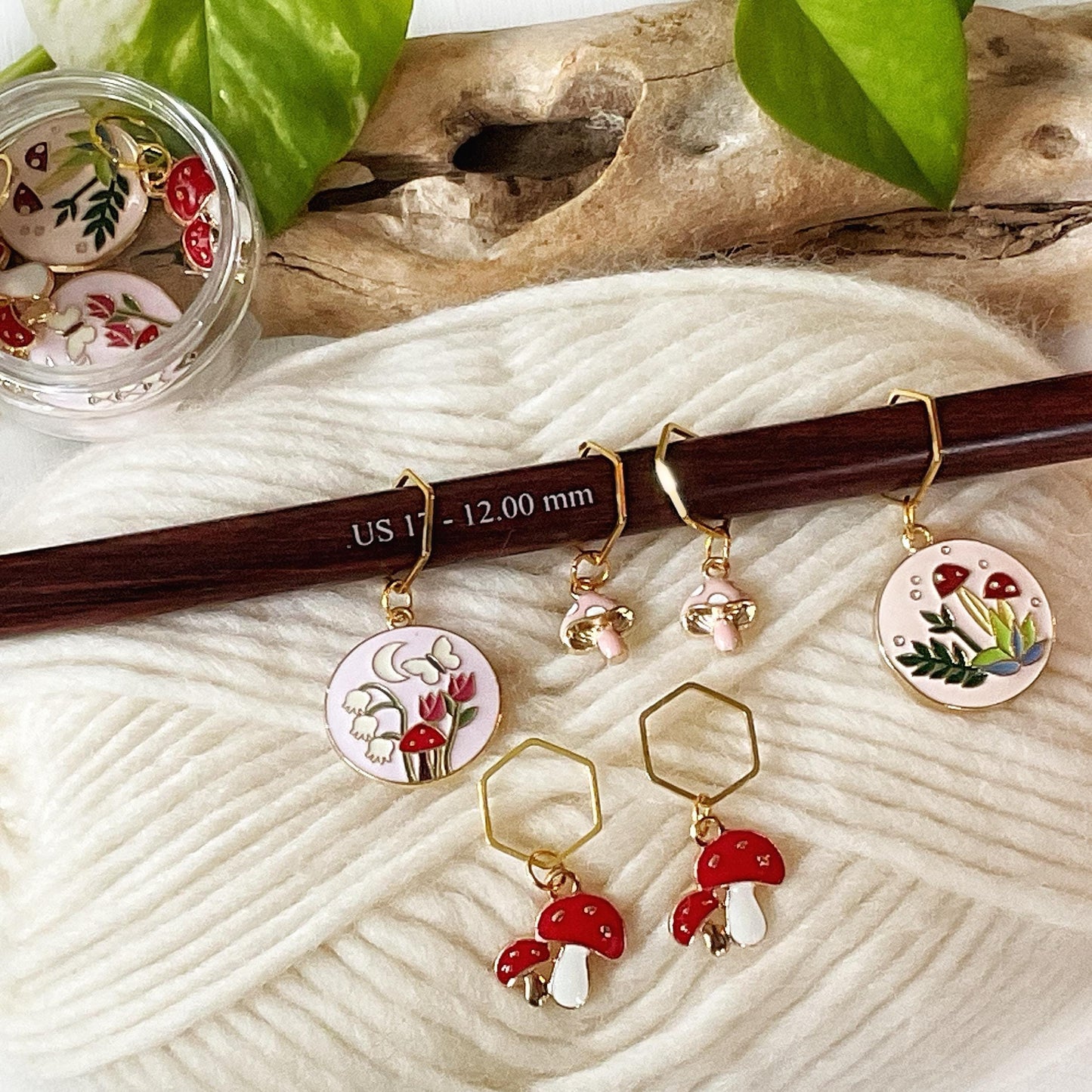 FLORA + FAUNA FOREST set of 4 - 6 knit or crochet stitch markers, flower and mushroom discs, enamel markers + storage jar w/ lid
