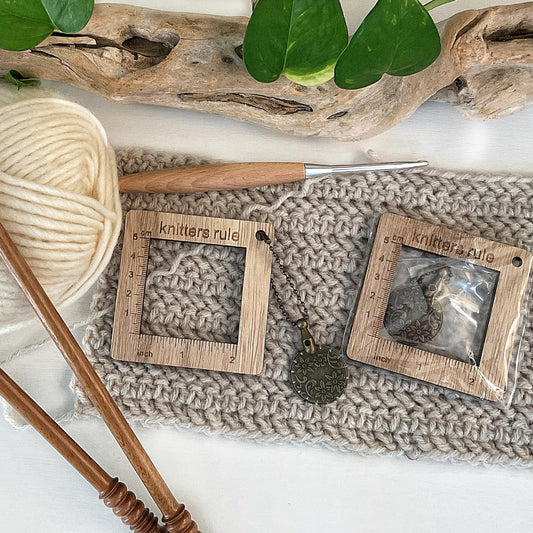 Knit or Crochet Gauge + Vintage bronze Yarn Thread cutter great for knitting, crocheting, quilting, sewing, buy separately or as a set