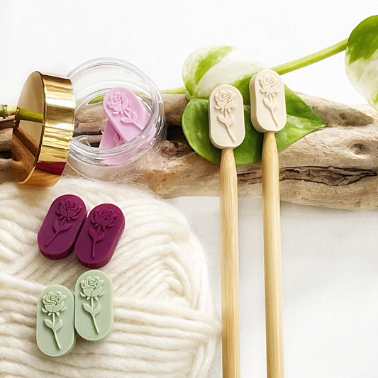 ROSE EMBOSSED set of 2 stitch stoppers, Knitting needle point protectors, keep your stitches safe, knit or crochet