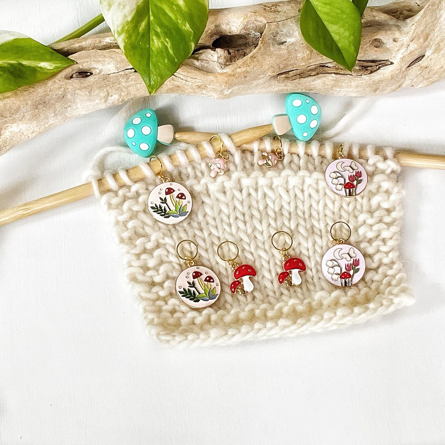 FLORA + FAUNA FOREST set of 4 - 6 knit or crochet stitch markers, flower and mushroom discs, enamel markers + storage jar w/ lid