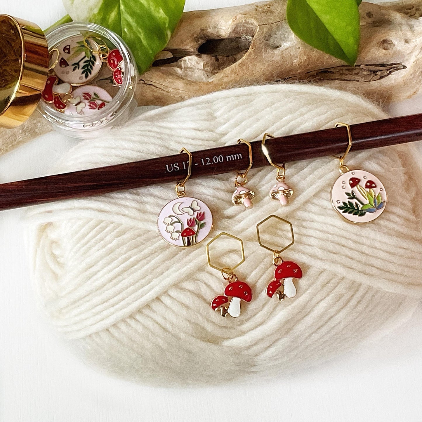FLORA + FAUNA FOREST set of 4 - 6 knit or crochet stitch markers, flower and mushroom discs, enamel markers + storage jar w/ lid