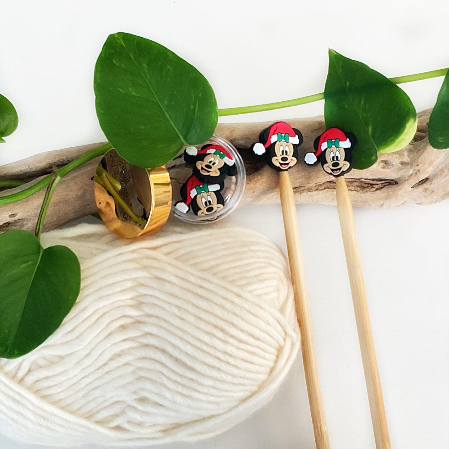 FESTIVE MINNIE MOUSE, Set of 2 stitch stoppers, knitting needle point protectors keep your stitches safe, crochet hook buddies, 2 styles