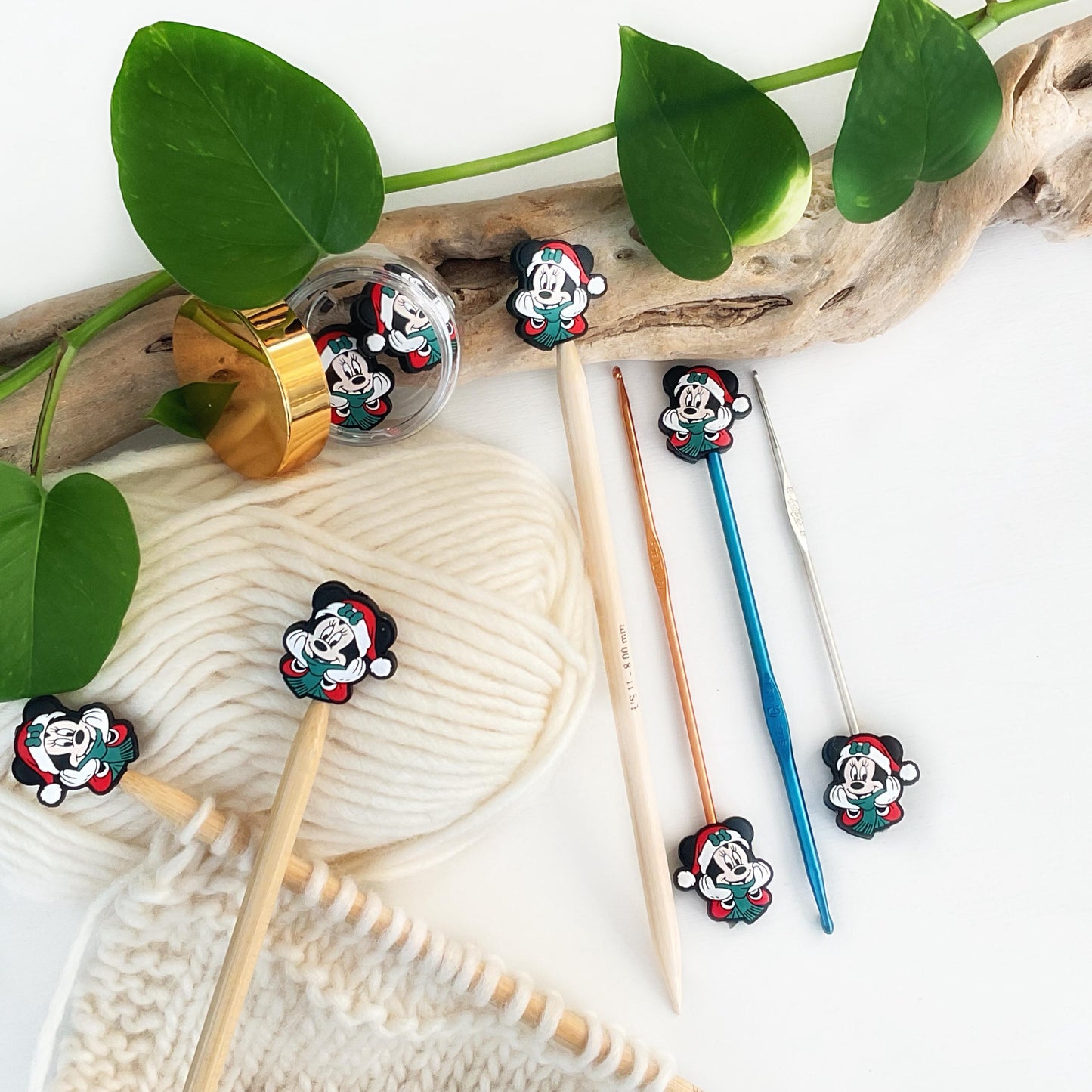 FESTIVE MINNIE MOUSE, Set of 2 stitch stoppers, knitting needle point protectors keep your stitches safe, crochet hook buddies, 2 styles