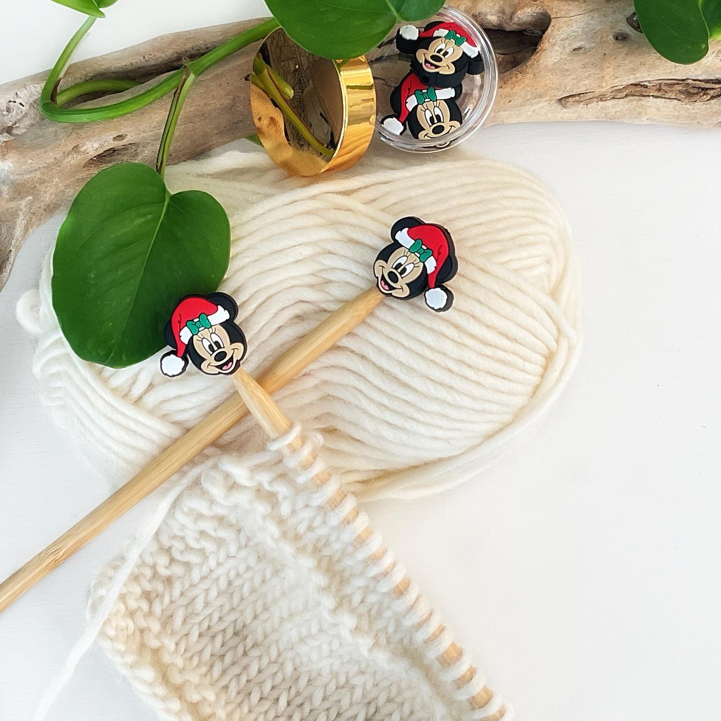 FESTIVE MINNIE MOUSE, Set of 2 stitch stoppers, knitting needle point protectors keep your stitches safe, crochet hook buddies, 2 styles