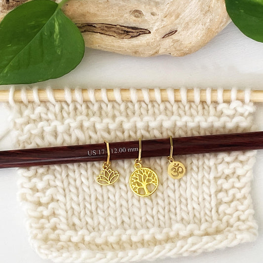 PEACE + TRANQUILITY set of 3 knit or crochet stitch markers Lotus, Tree of Life + Om set of 3 golden markers + storage jar w/ lid