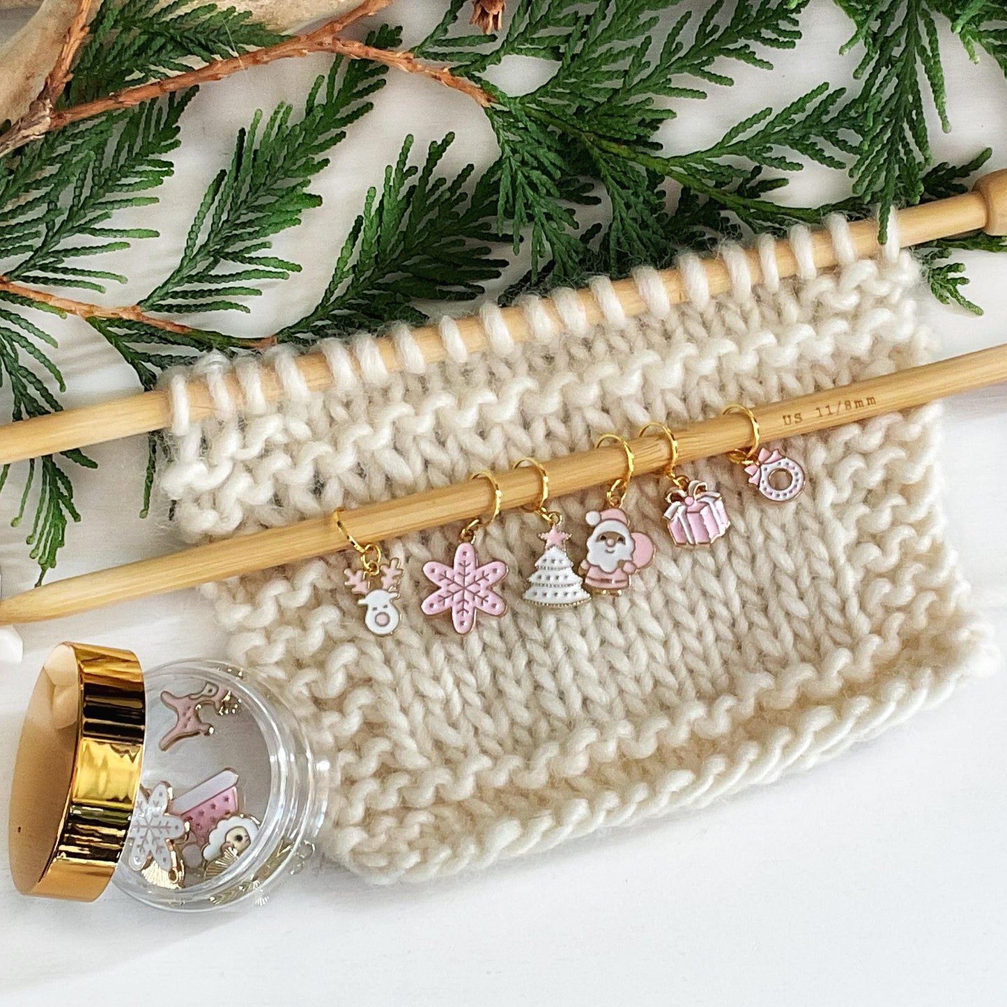 MODERN CHRISTMAS set of 6 Pink & White knit or crochet stitch markers + storage jar w/ lid- Limited Edition #1