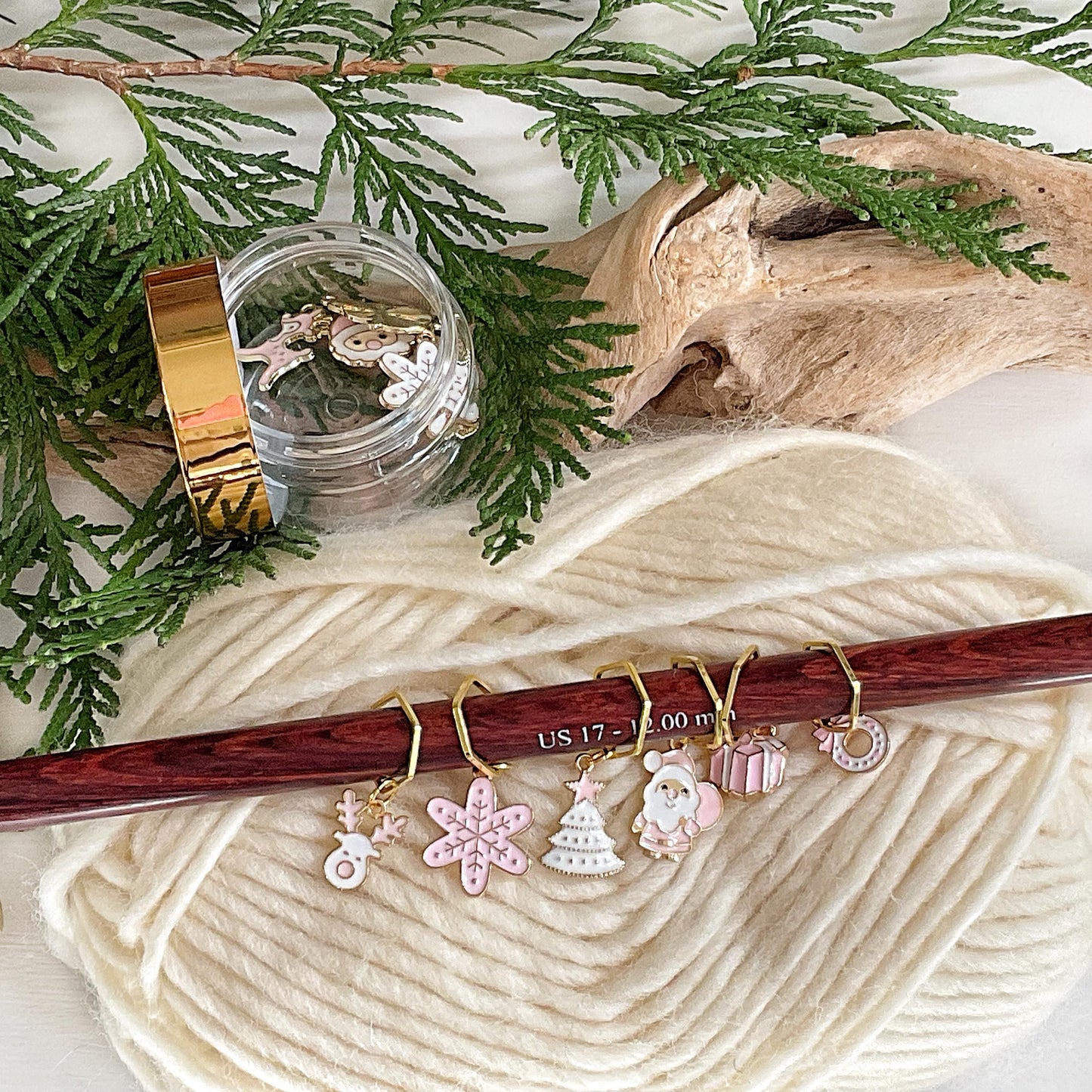 MODERN CHRISTMAS set of 6 Pink & White knit or crochet stitch markers + storage jar w/ lid- Limited Edition #1
